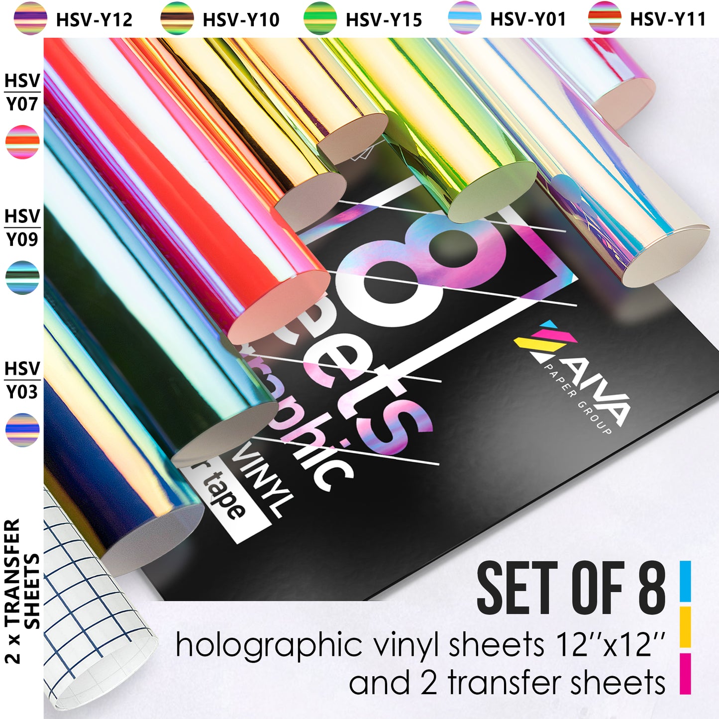 Holographic Self Adhesive Vinyl - 8 Sheets 12" x 12" - Assorted Colors with 2 Transfer Sheets