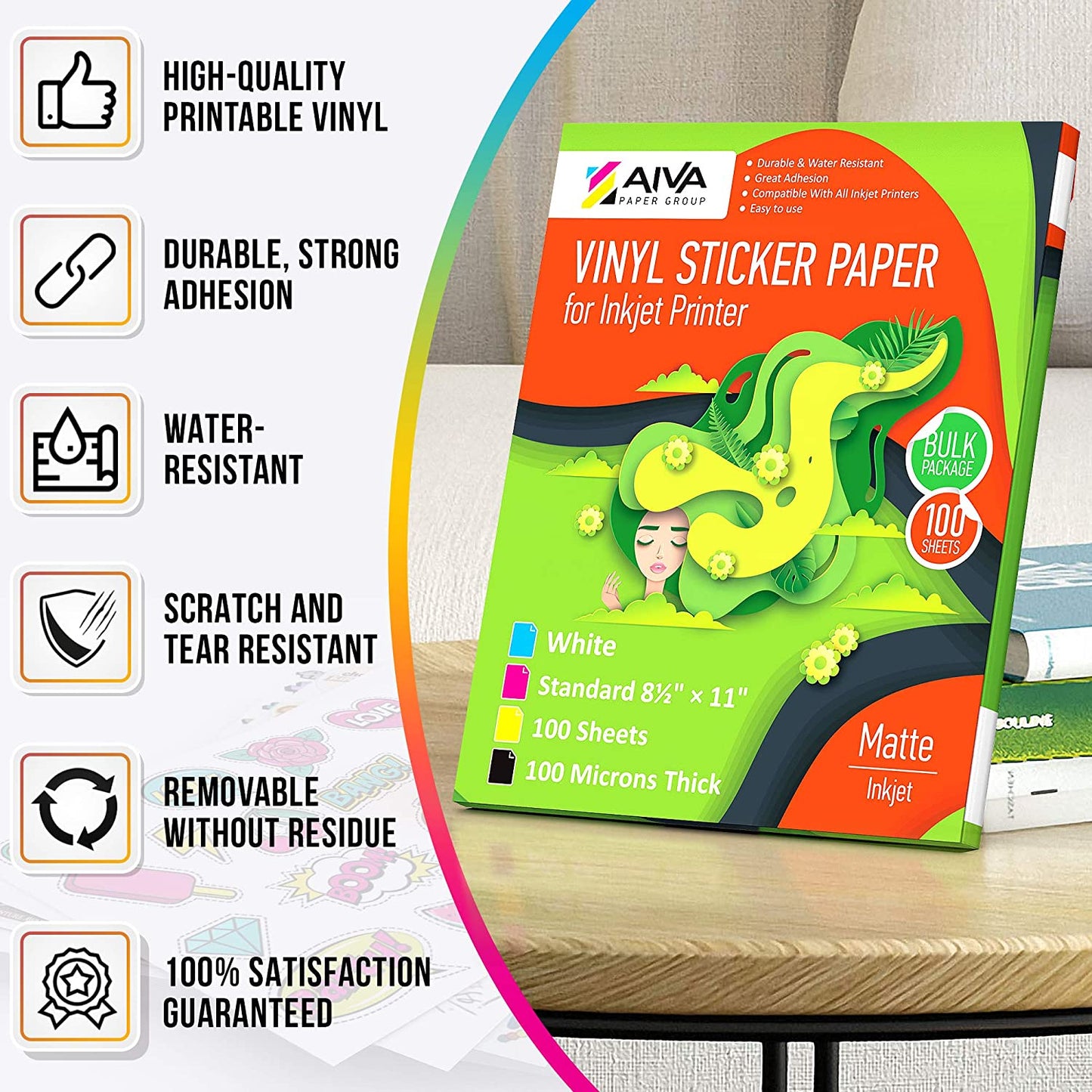 Printable Vinyl Sticker Paper Inkjet Matte 100 sheets