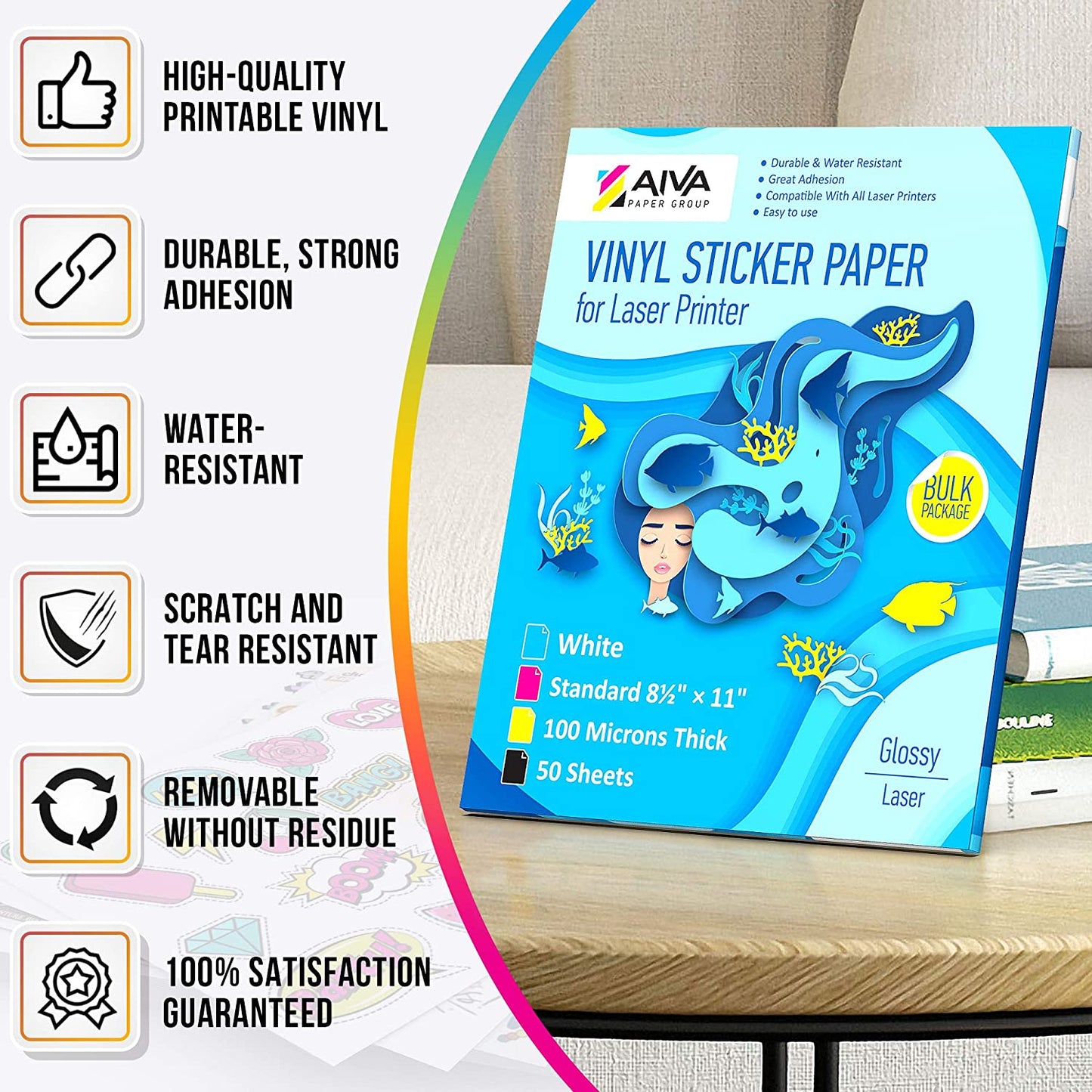 Printable Vinyl Sticker Paper Laser Glossy 50 sheets