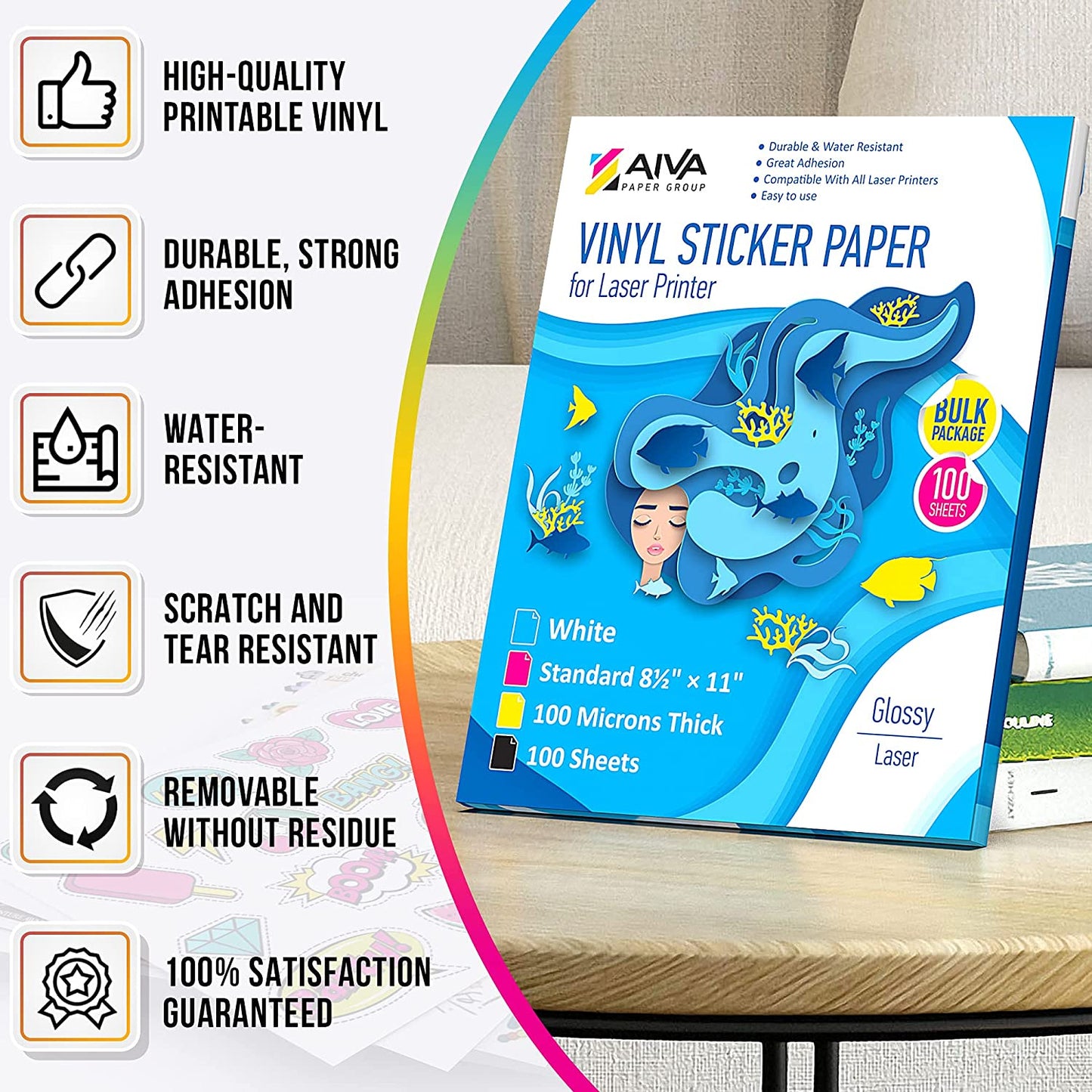 Printable Vinyl Sticker Paper Laser Glossy 100 sheets
