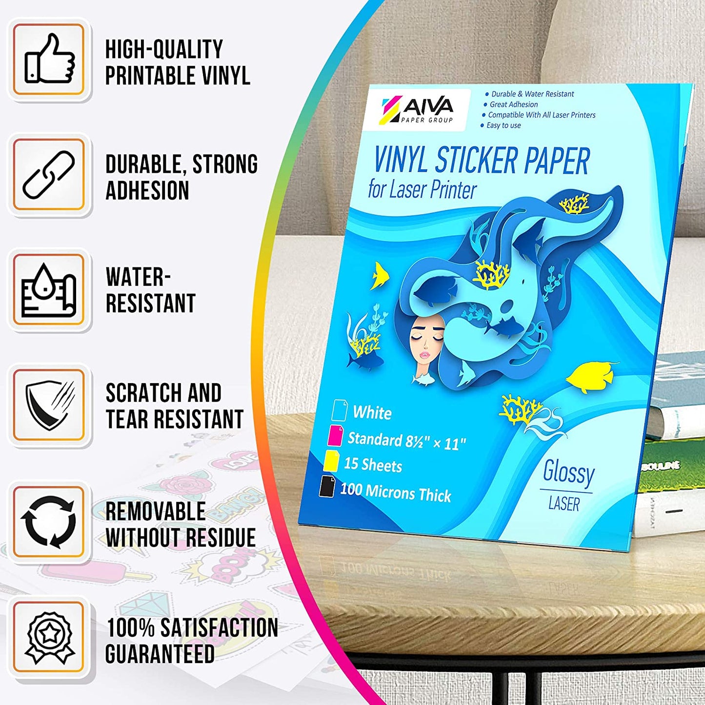 Printable Vinyl Sticker Paper Laser Glossy 15 sheets