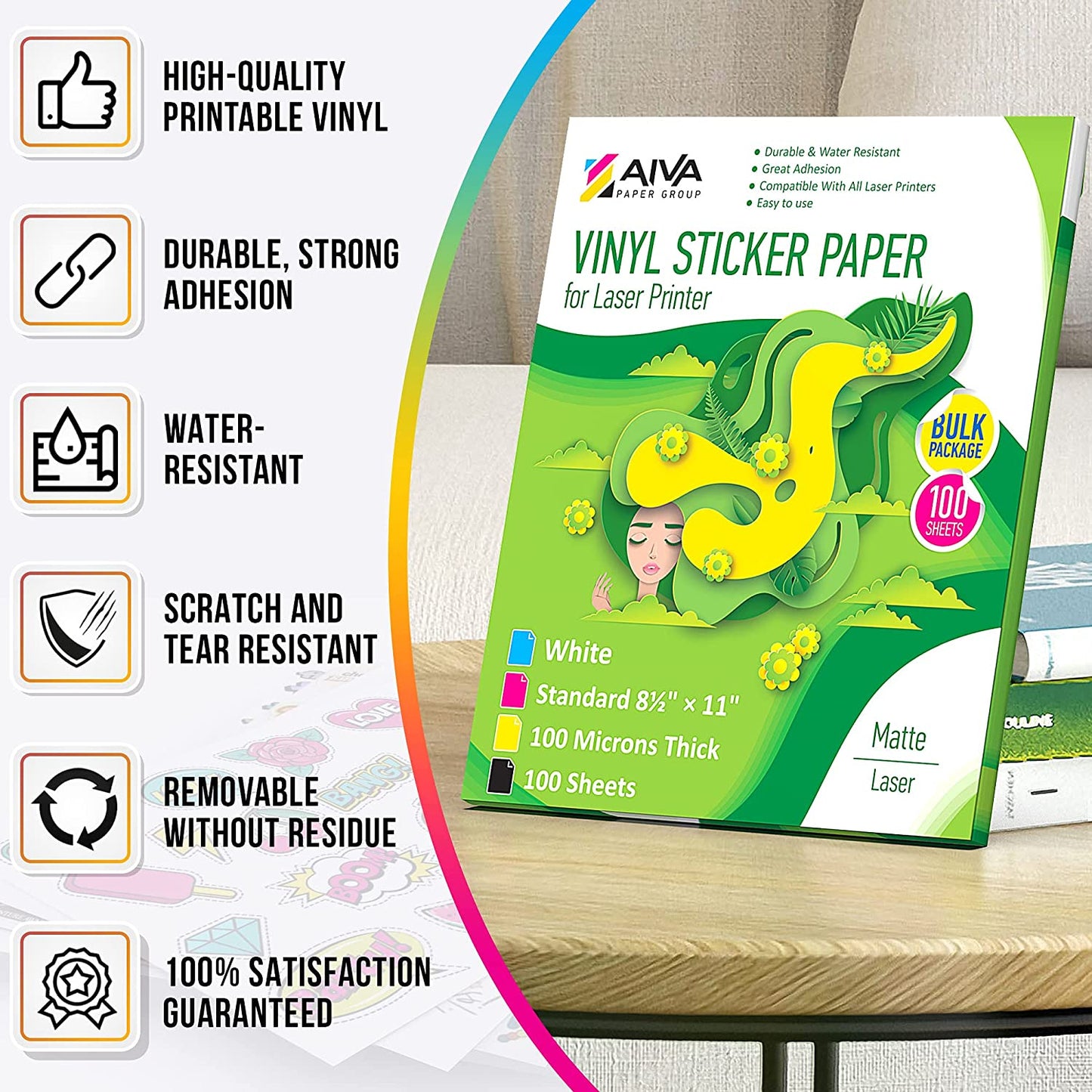 Printable Vinyl Sticker Paper Laser Matte 100 sheets