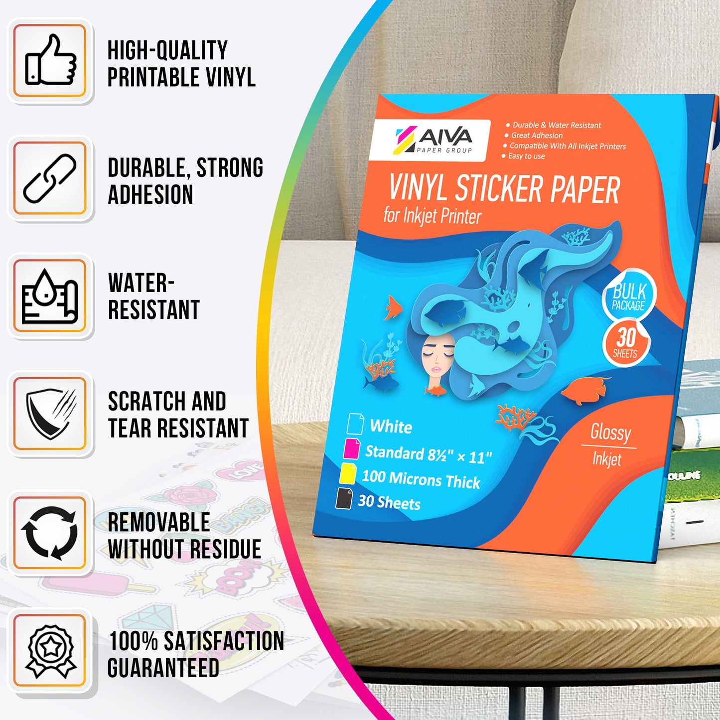 Printable Vinyl Sticker Paper Inkjet Glossy 30 sheets