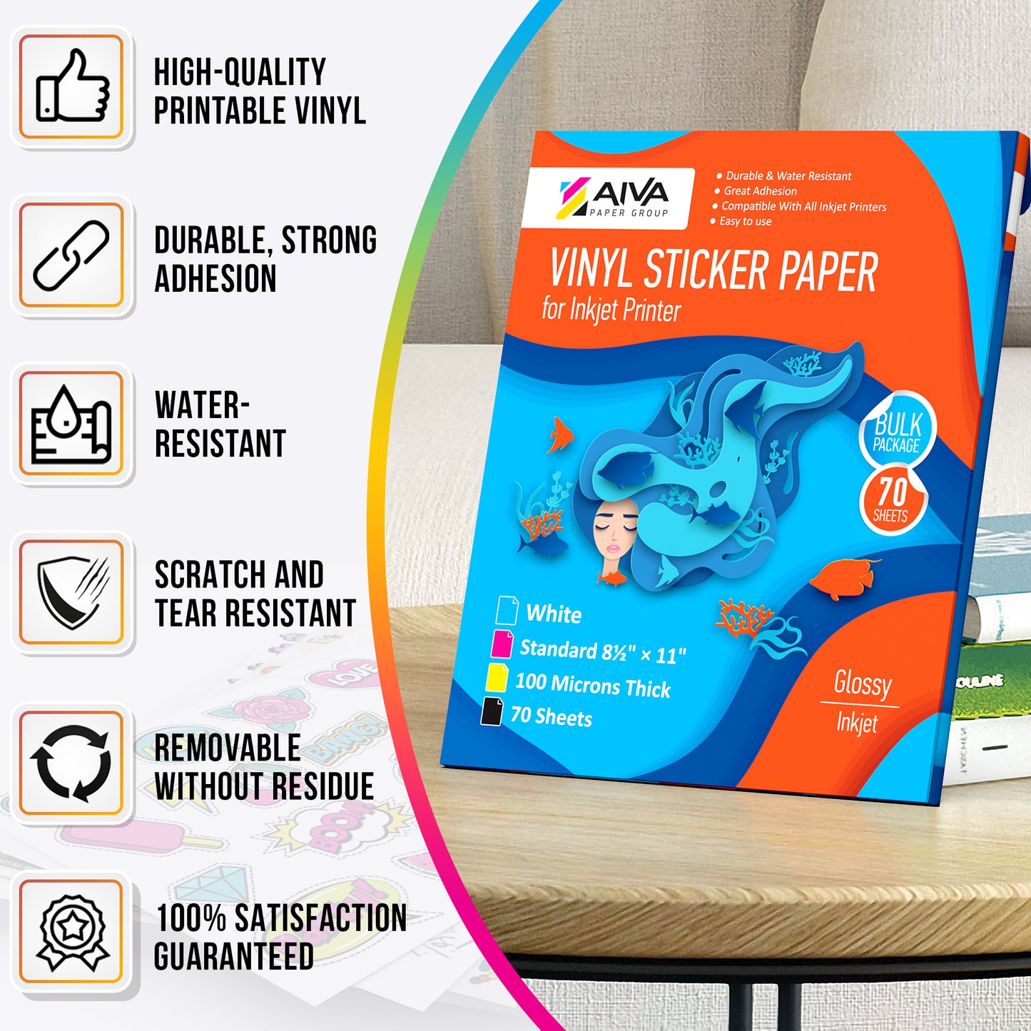 Printable Vinyl Sticker Paper Inkjet Glossy 70 sheets