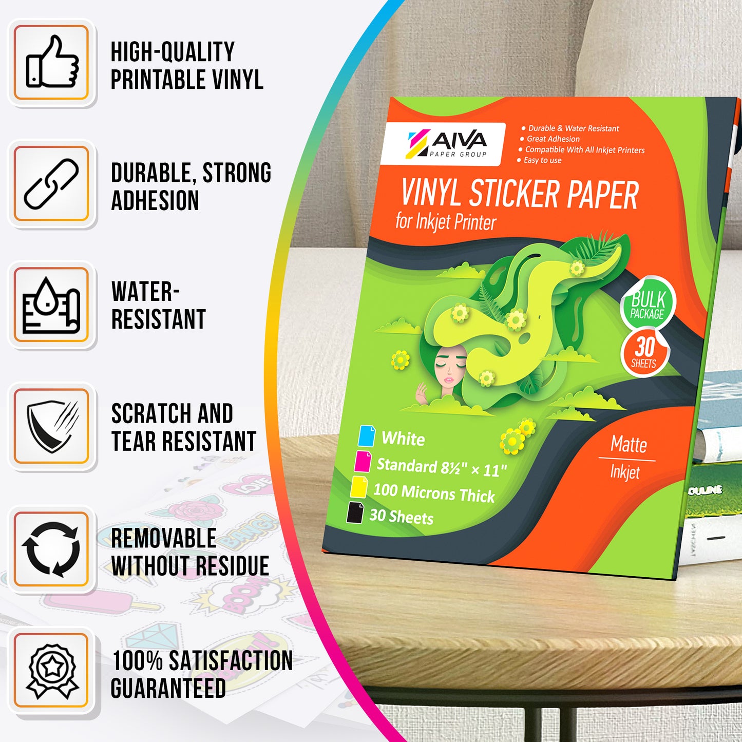 Printable Vinyl Sticker Paper Inkjet Matte 30 sheets