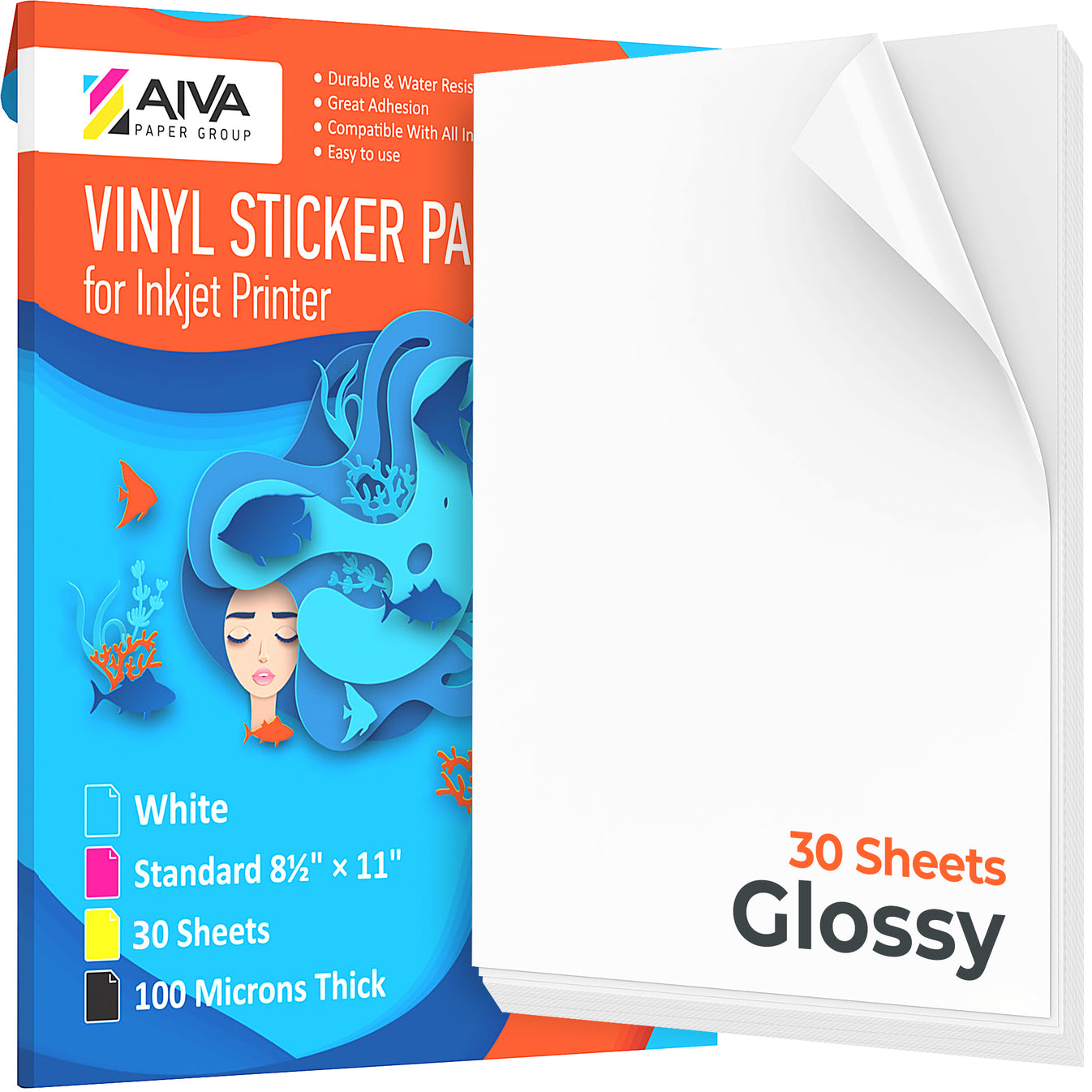 Printable Vinyl Sticker Paper Inkjet Glossy 30 sheets AIVA Paper Group
