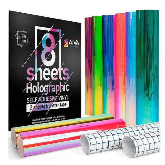 Holographic Self Adhesive Vinyl - 8 Sheets 12" x 12" - Assorted Colors with 2 Transfer Sheets